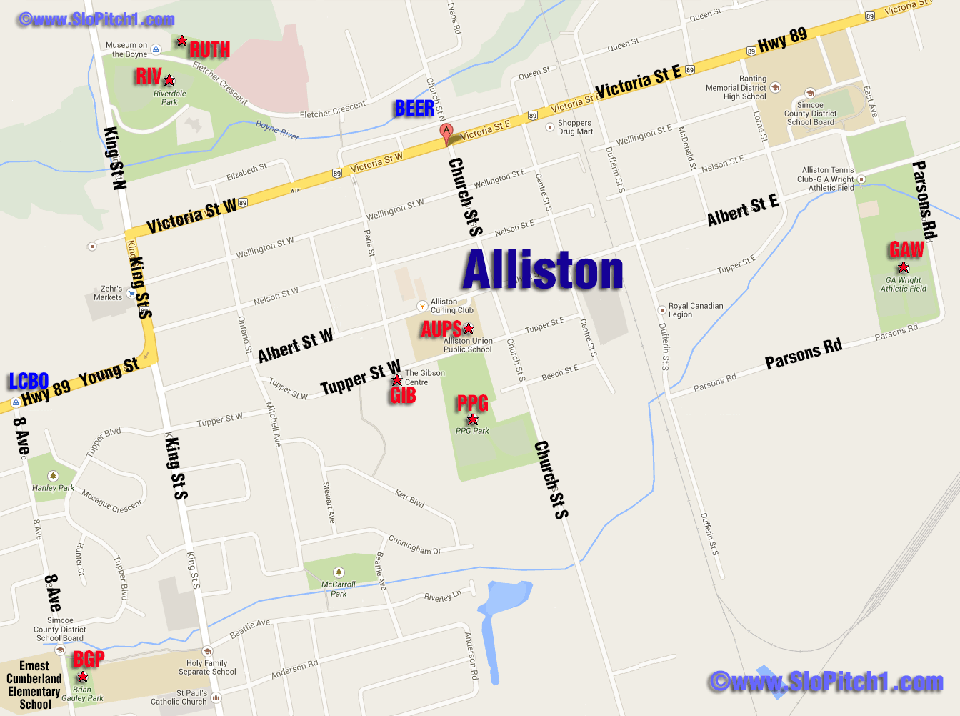 Map of Alliston Slo-Pitch Parks & Slo-Pitch Diamonds