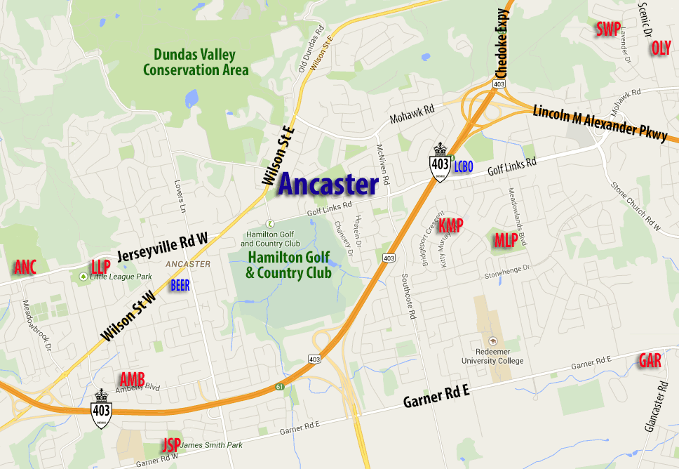 Map of Ancaster Slo-Pitch Parks & Slo-Pitch Diamonds
