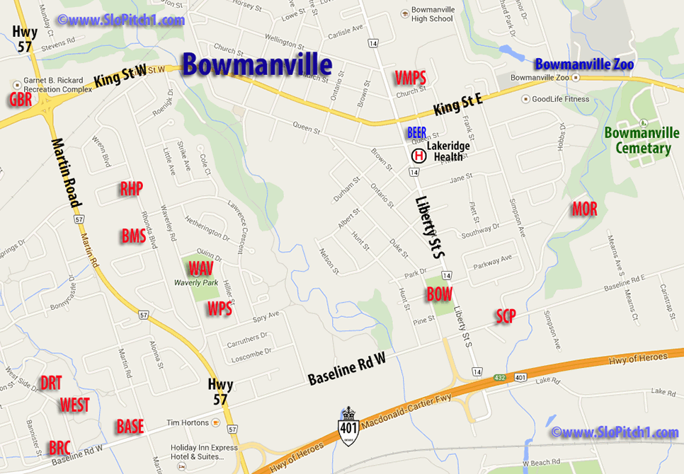 Map of Bowmanville Slo-Pitch Parks & Slo-Pitch Diamonds
