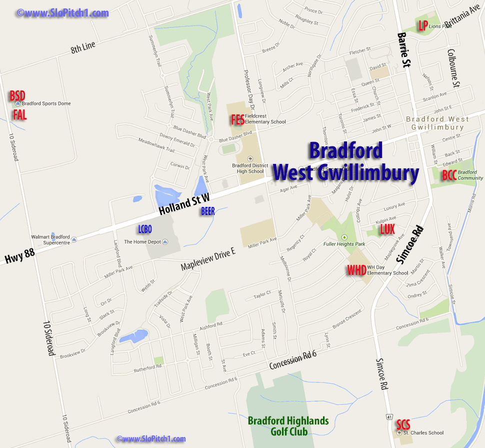 Map of Bradford Slo-Pitch Parks & Slo-Pitch Diamonds