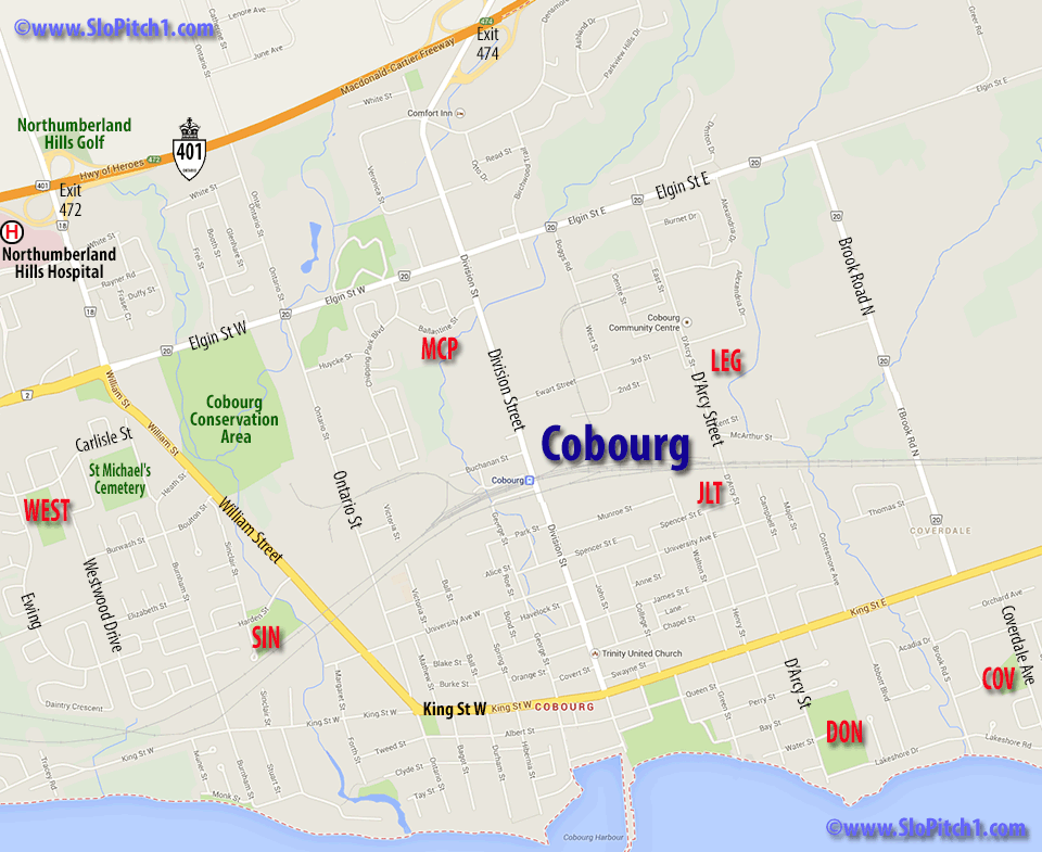 Map of Cobourg Slo-Pitch Parks & Slo-Pitch Diamonds