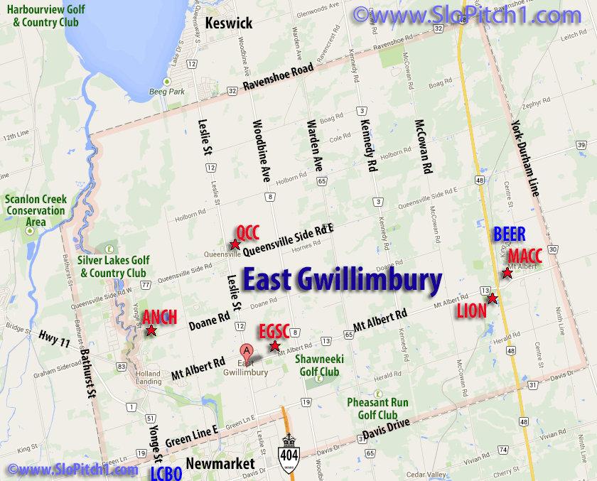 Map of East Gwillimbury Slo-Pitch Parks & Slo-Pitch Diamonds