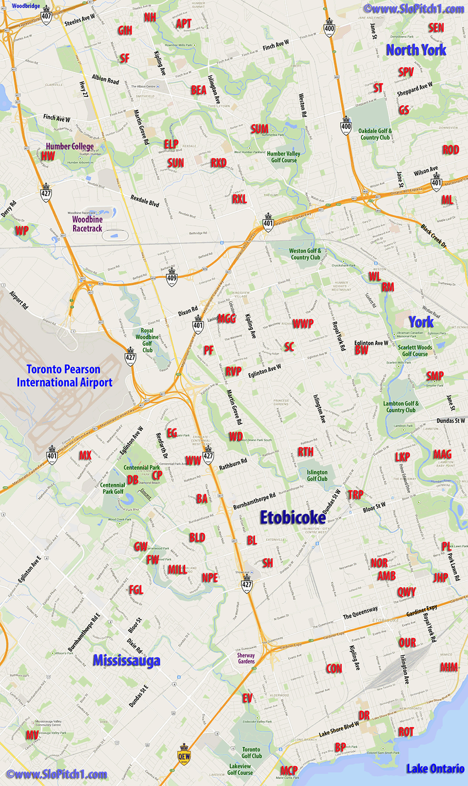 Map of Etobicoke Slo-Pitch Parks and Slo-Pitch Diamonds