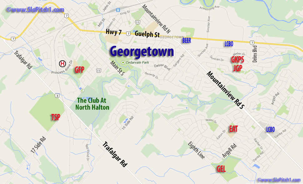 Map of Georgetown Slo-Pitch Parks & Slo-Pitch Diamonds