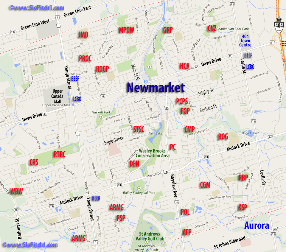 Map of Newmarket Slo-Pitch Parks & Slo-Pitch Diamonds