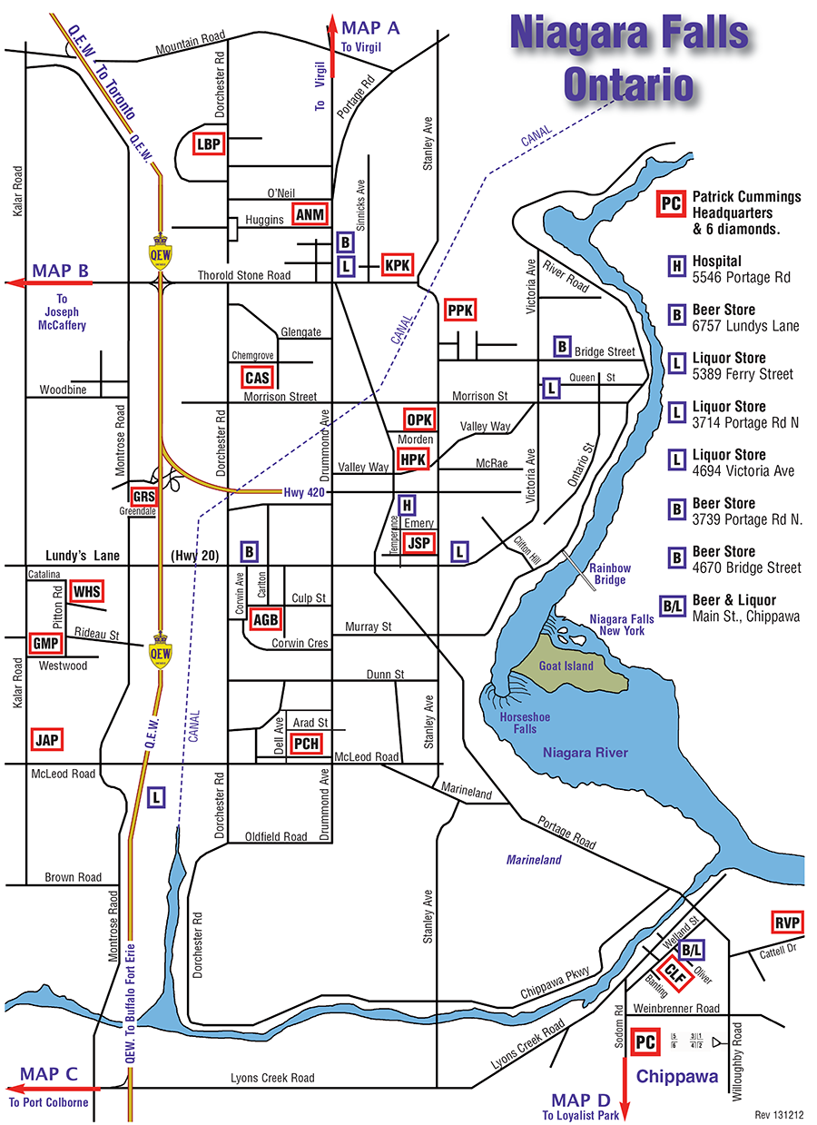 Map of Niagara Slo-Pitch Parks & Slo-Pitch Diamonds
