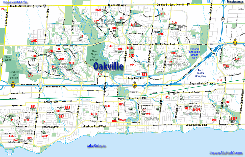 Map of Oakville Slo-Pitch Parks & Slo-Pitch Diamonds