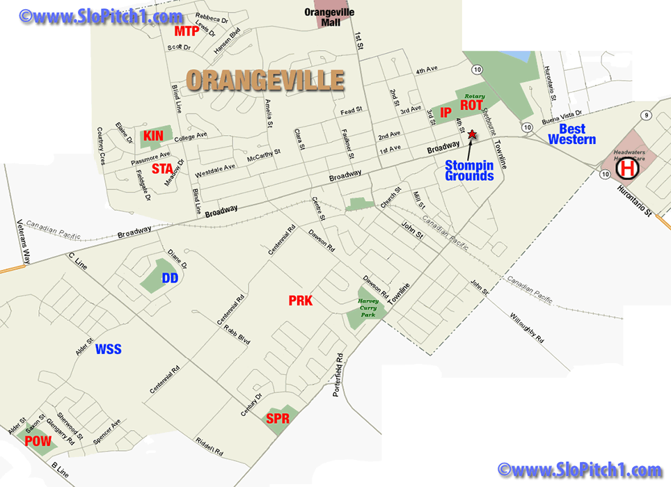 Map of Orangeville Slo-Pitch Parks & Slo-Pitch Diamonds