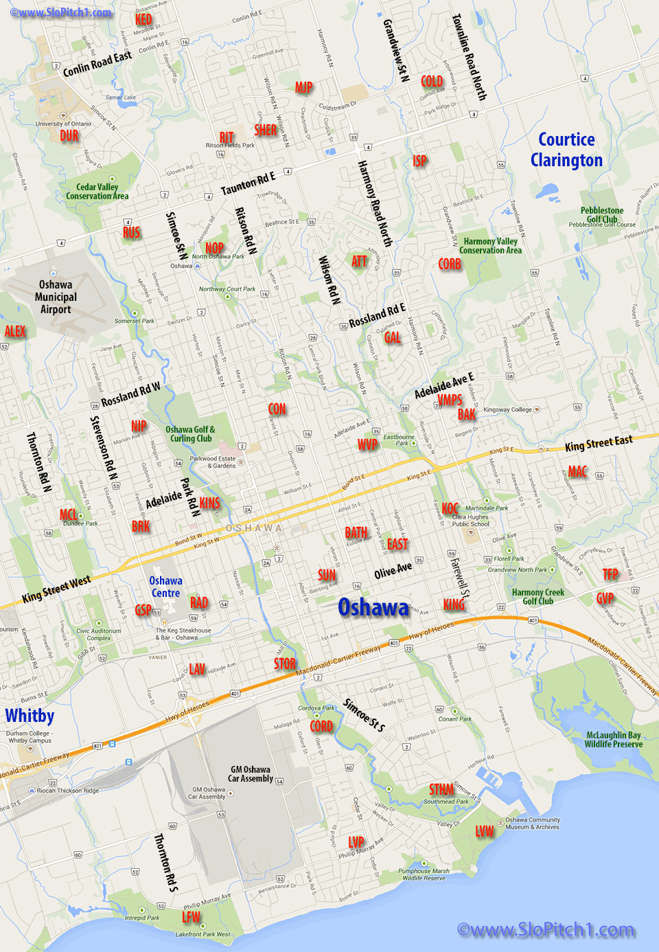 Map of Oshawa Slo-Pitch Parks & Slo-Pitch Diamonds