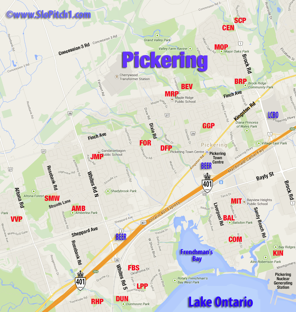 Map of Pickering Slo-Pitch Parks & Slo-Pitch Diamonds