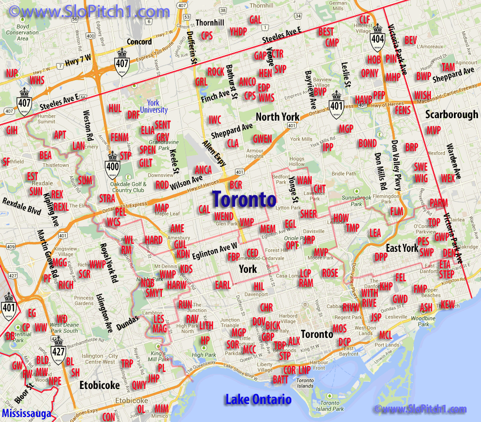 Map of Toronto Slo-Pitch Parks