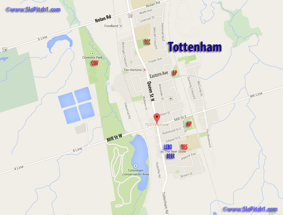 Map of Tottenham Slo-Pitch Parks & Slo-Pitch Diamonds