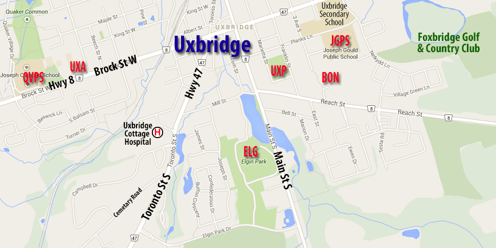 Map of Uxbridge Slo-Pitch Parks & Slo-Pitch Diamonds