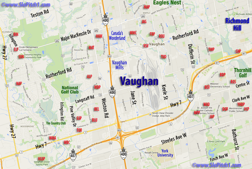 Map of Vaughan Slo-Pitch Parks & Slo-Pitch Diamonds