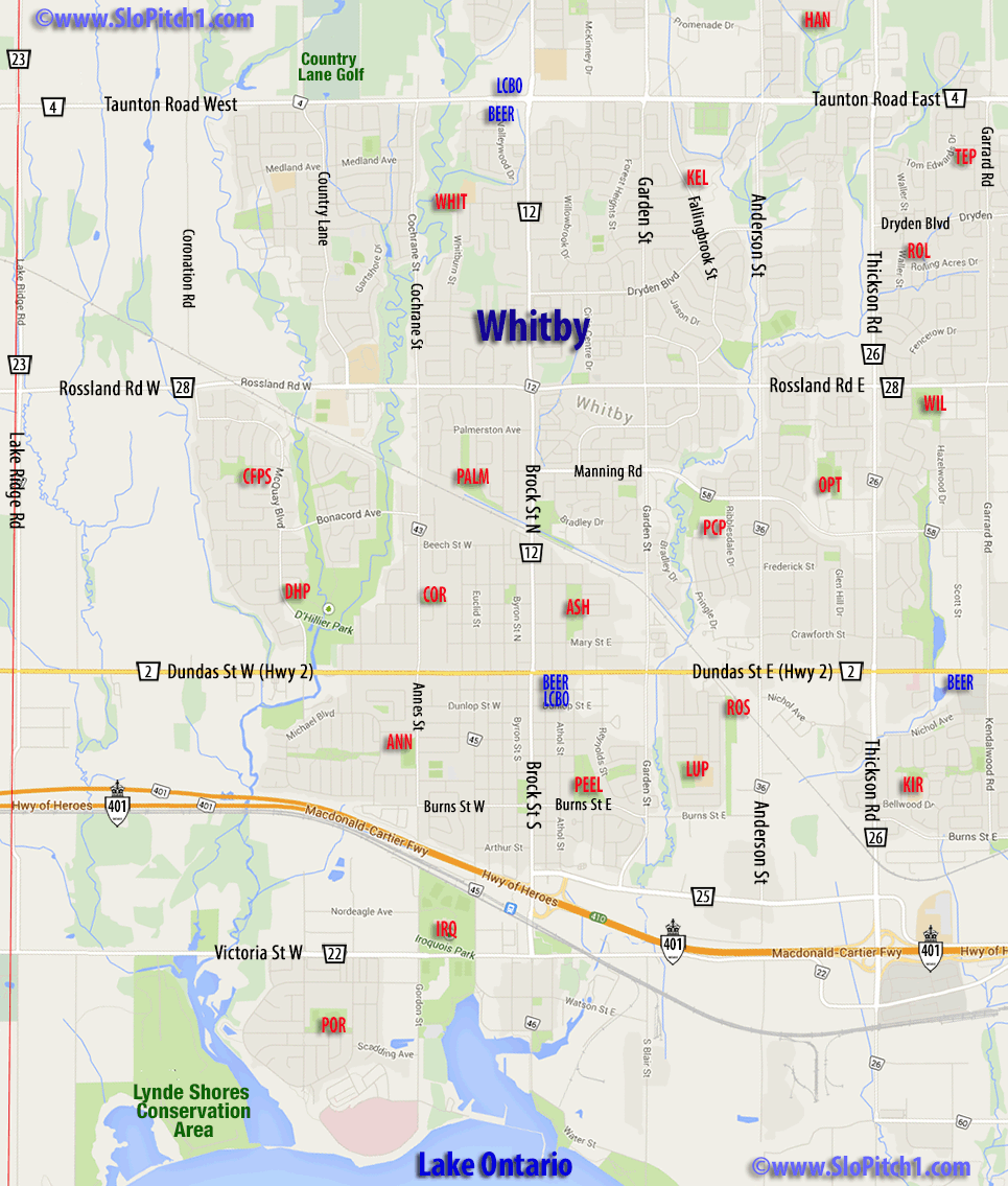 Map of Whitby Slo-Pitch Parks & Slo-Pitch Diamonds