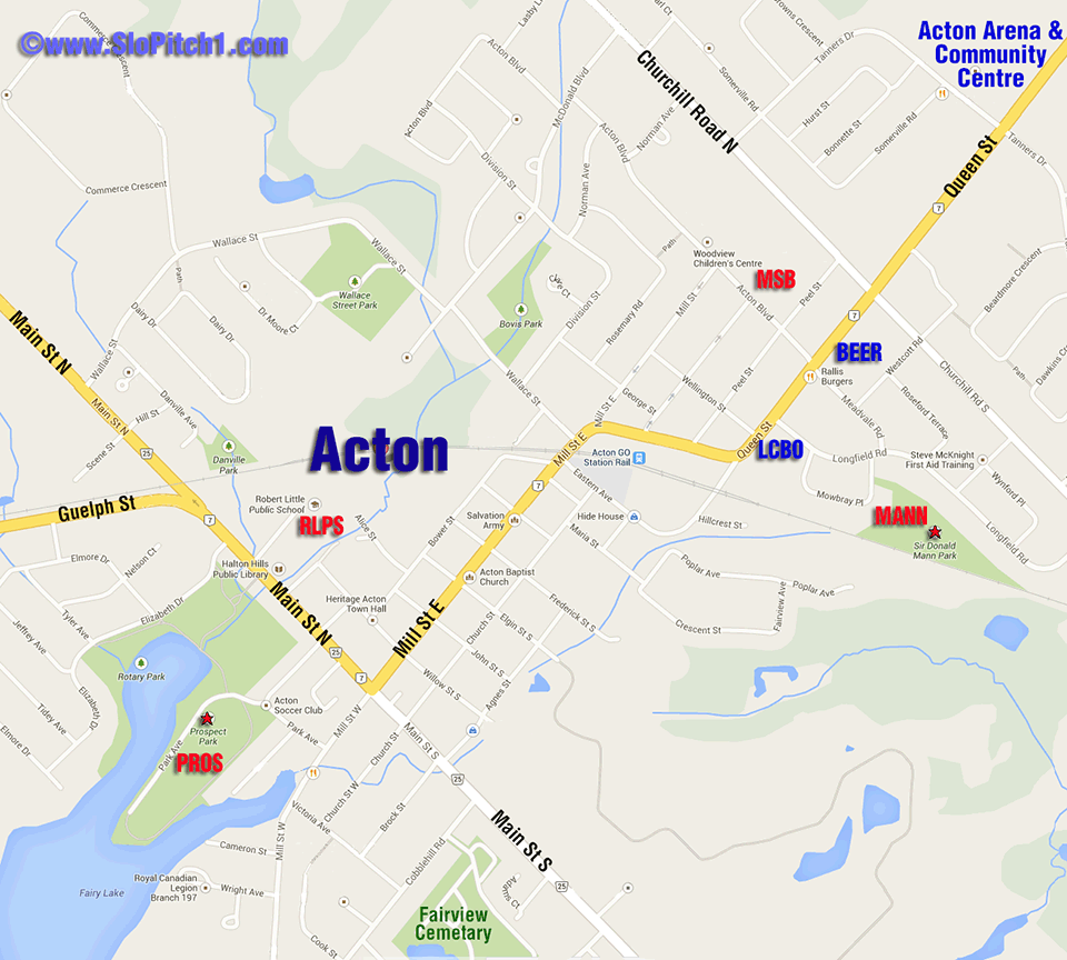 Map of Acton Slo-Pitch Parks & Slo-Pitch Diamonds