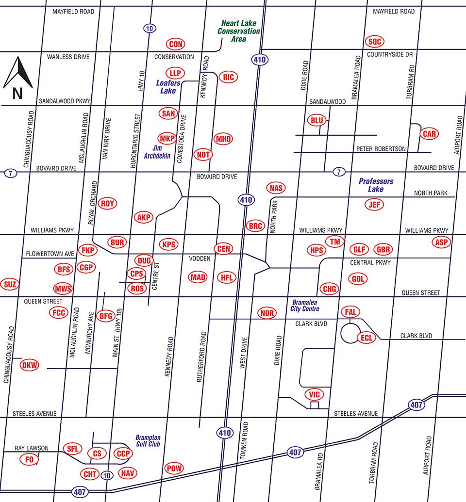 Map of Brampton Slo-Pitch Parks and Slo-Pitch Diamonds