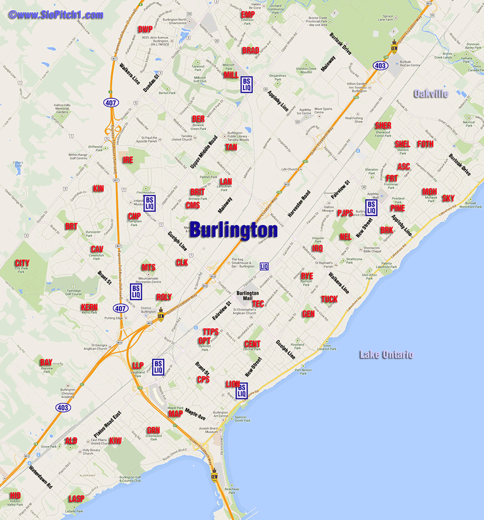 Map of Burlington Slo-Pitch Parks & Slo-Pitch Diamonds