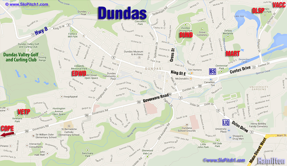 Map of Dundas Slo-Pitch Parks & Slo-Pitch Diamonds