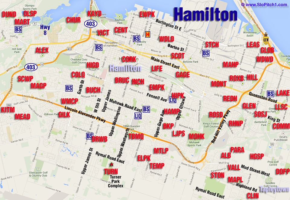 Map of Hamilton Slo-Pitch Parks & Slo-Pitch Diamonds