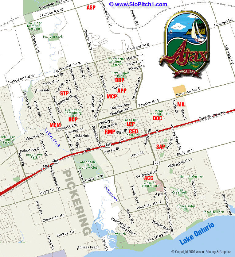 Map of Ajax Slo-Pitch Parks & Slo-Pitch Diamonds