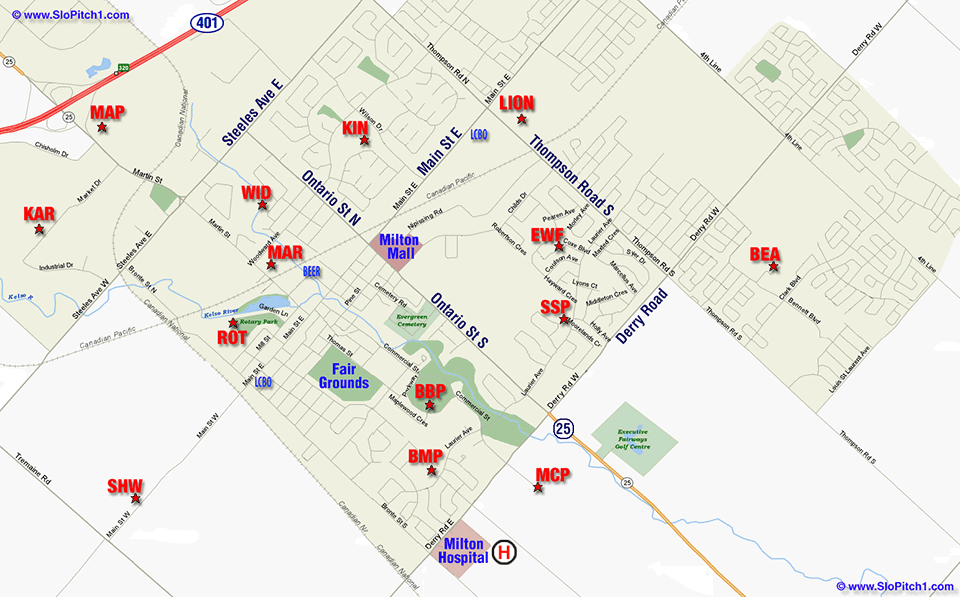 Map of Milton Slo-Pitch Parks & Slo-Pitch Diamonds