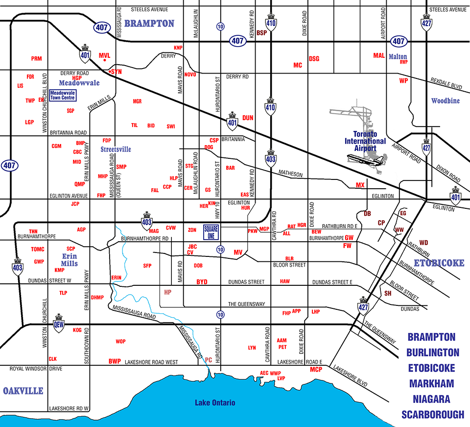 Map of Mississauga Slo-Pitch Parks & Slo-Pitch Diamonds