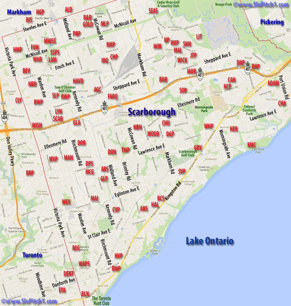 Map of Scarborough Slo-Pitch Parks